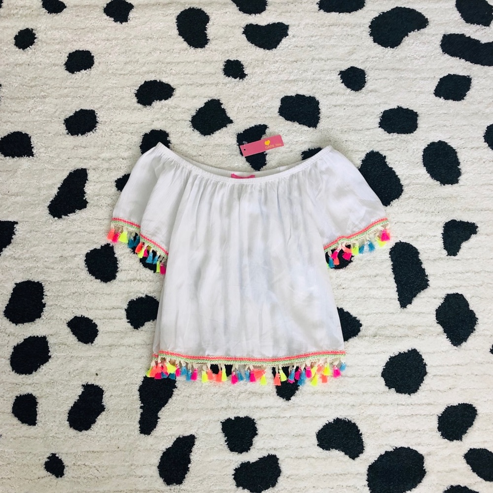 Social Teen White Off Shoulder Neon Tassel Top